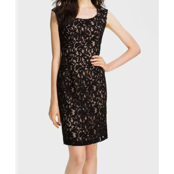 Adrianna Papell Dress 6P Women's Black Embroidered Lace Overlay Sheath Date Chic - Picture 1 of 11